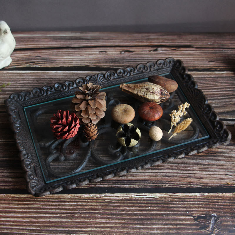 Lace Metal Tray With Glass Top